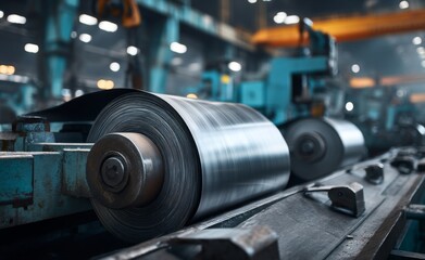 Naklejka premium A business concept is illustrated by a machine that produces metal coils, situated in the interior of a factory