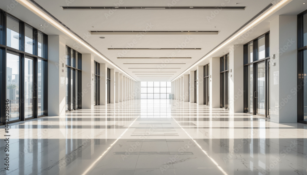 Poster the image shows a long hallway with white marble floors and large windows on either side. the hallwa
