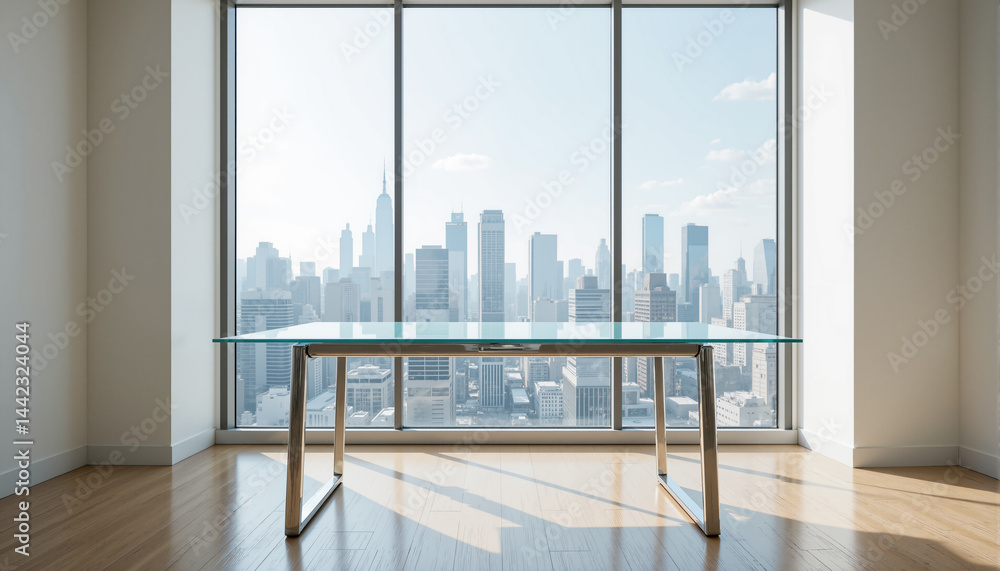 Poster the image shows an empty room with a glass table in the center