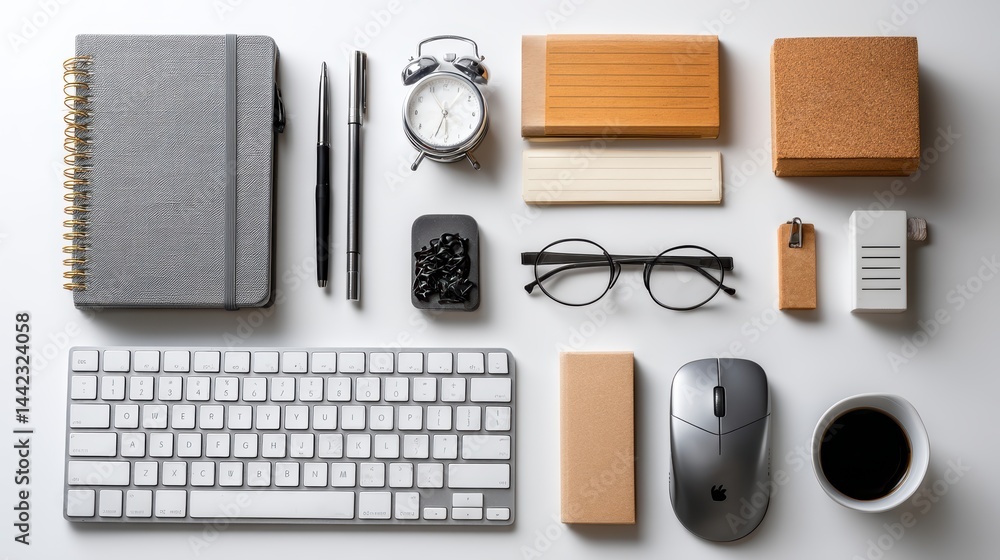 Poster a professional office desk with a notebook, pen, and a computer mouse on a white isolated background