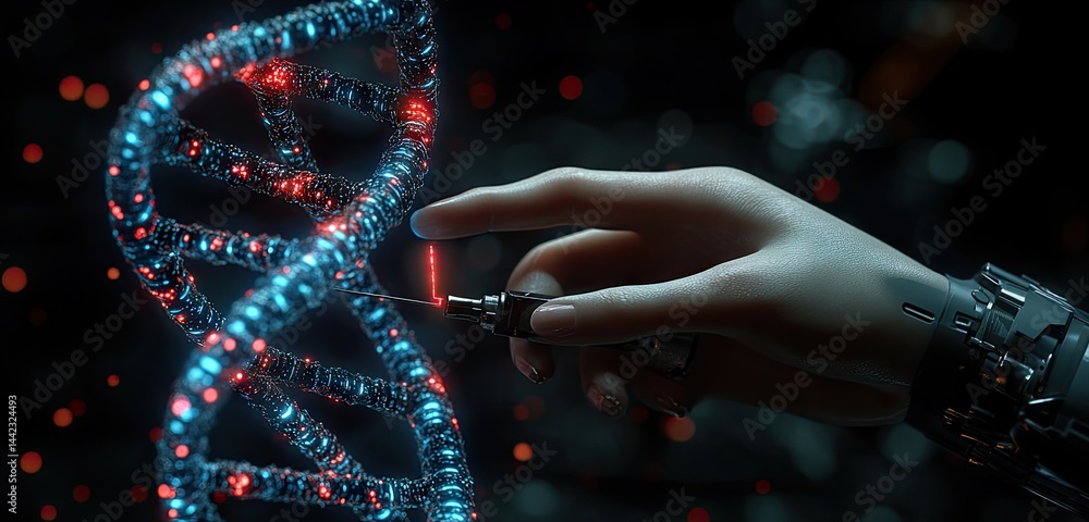Poster advanced genetic manipulation with a futuristic tool.