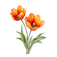 Two elegant orange tulip flowers bloom with slender green leaves together.