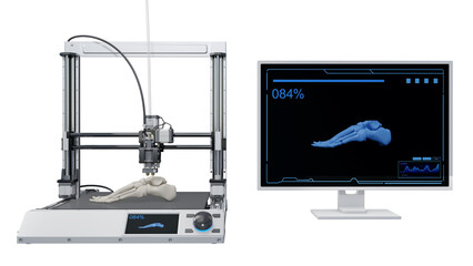 Advanced 3D printing produces detailed anatomical model of human foot. Graphic resources for presentation. Isolated on a transparent background. 3D illustration.