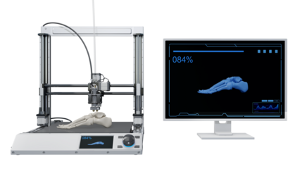Advanced 3D printing produces detailed anatomical model of human foot. Graphic resources for presentation. Isolated on a transparent background. 3D illustration.