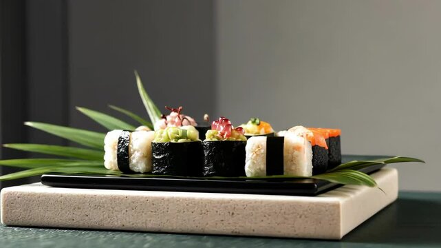 Close-up of sushi assortment on a rectangular plate, stylish food photography