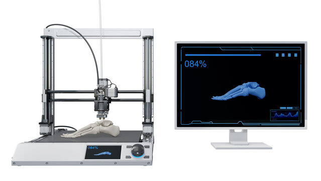 Advanced 3D printing produces detailed anatomical model of human foot. Graphic resources for presentation. Isolated on a transparent background. 3D illustration.