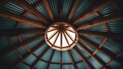 Below the roof of a wooden framework