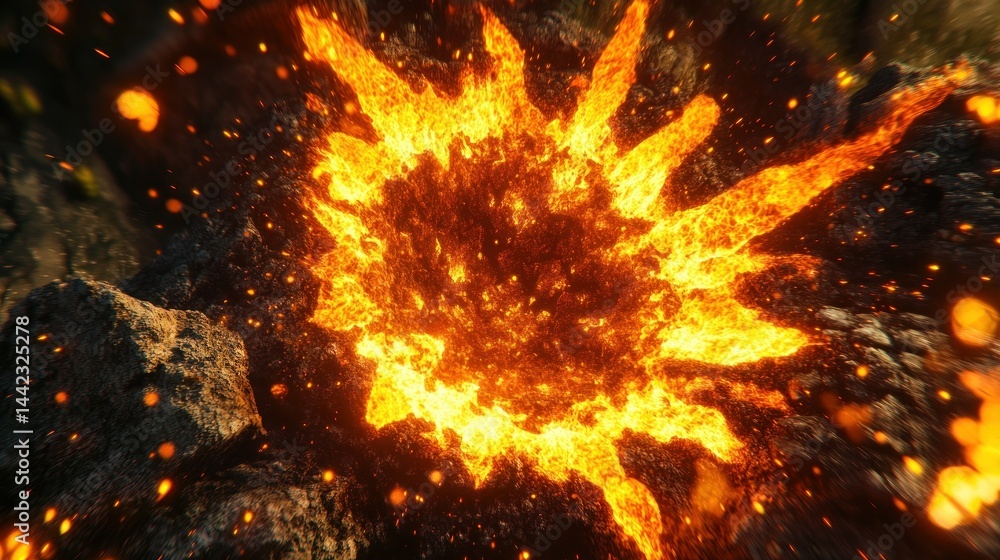 Poster fiery explosion within a geological environment of textured rocks