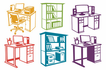 set of computer  desk vector silhouette illustration isolated on white background