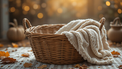 Obraz premium The image shows a wicker basket filled with a white blanket sitting on top of a wooden table