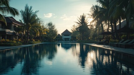 Obraz premium A tranquil resort swimming pool reflecting the beautiful palm trees