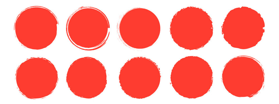 Set of round brush sun rough, red grunge round stamp vector illustration