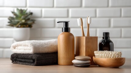 a clean and modern bathroom setup with toiletries on a white isolated background, fresh and organized look