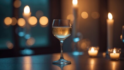 A lovely picture showing a glass of sparkling wine on a table, framed by reflections of candlelight on the glasses.