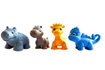 Four colorful plastic animal toys