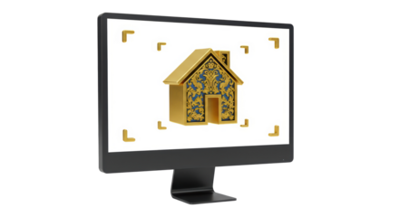 Isolated Computer Monitor Displaying Golden Ornamental House