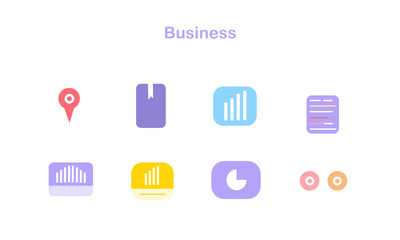 Collection of colorful business icons featuring graphs folders and charts