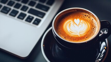A cup of coffee with latte art on top of it.