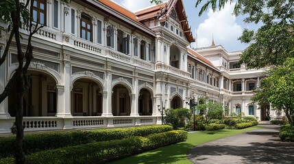 Obraz premium Historic architecture tour of an ornate mansion in thailand capturing culture in a lush garden setting