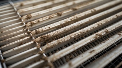 Obraz premium Extremely filthy air ventilation grill showing a clogged and dusty filter, close-up macro image. Regular cleaning and sanitizing are needed to avert dust allergies and other lung issues. Shallow