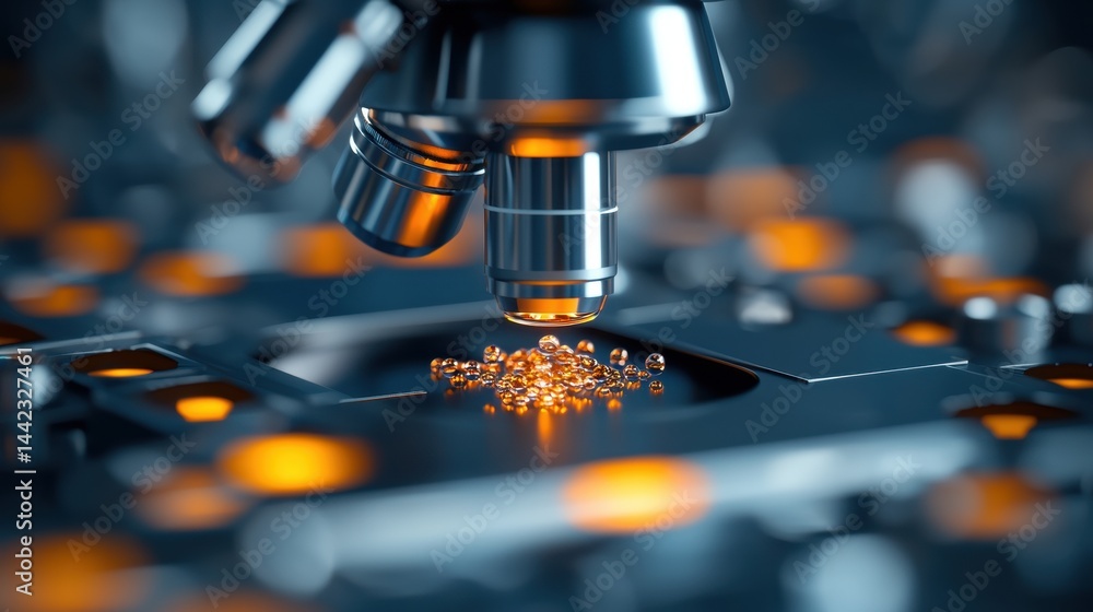 Poster a microscope is focused on a small sample of liquid, highlighting the intricate details of the sampl