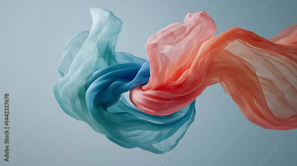 Poster flowing colorful fabrics in the air creating elegant motion design