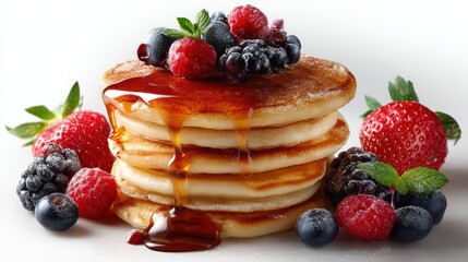 a stack of fresh pancakes with syrup and berries on a white isolated background, delicious and inviting design