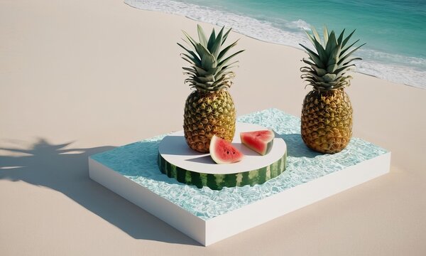 Tropical Fruit Still Life: Pineapples and Watermelon on a Sandy Beach Setting