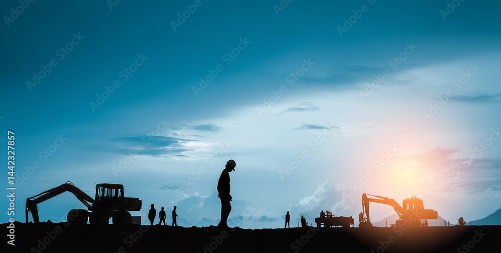 Poster engineer and construction team silhouette at work on site with industry background blurred and illum