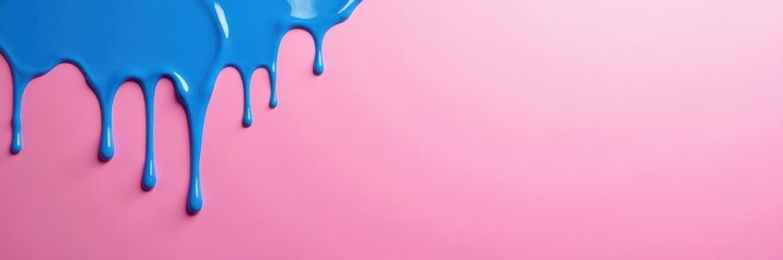 Abstract blue paint drips on pink wall, copy space , stain, illustration