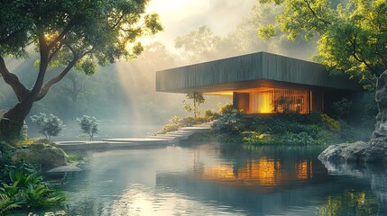 Fototapeta premium Modern house by the lake, shrouded in morning mist. The structure is reflected in water, sunlight filters through the trees. Serene & peaceful