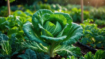 Fresh young kale seedlings with vivid green foliage are developing in the garden.