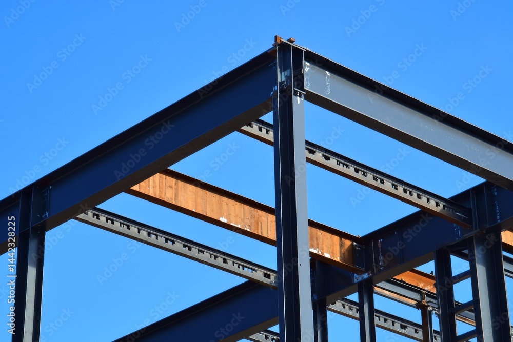 Poster the construction site is assembling a metal framework with beams to form a structure