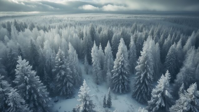 Aerial view of a winter landscape featuring snow-laden fir trees in the forest