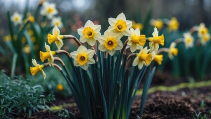Flowerbed filled with yellow daffodils
