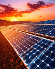 Solar farms reflecting vibrant orange and red sunsets