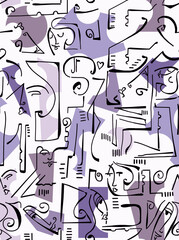 Abstract drawing of women's faces with black lines on a colored background.Seamless pattern.	
