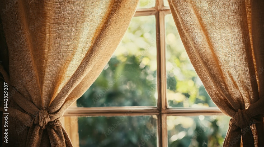 Poster rustic curtains and window frame providing views to outside greenery