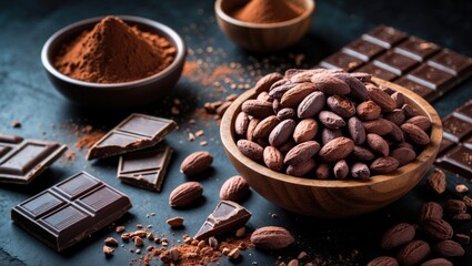 Collection of cocoa powder, grated cocoa bars, and a mix of milk and dark chocolate pieces on a dark surface. Chocolate Texture. Bird's-eye view with room for text. Mock up.