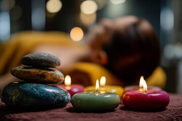 Candles that are burning beautifully, accompanied by stones and essential oil, are situated on a table in a spa salon