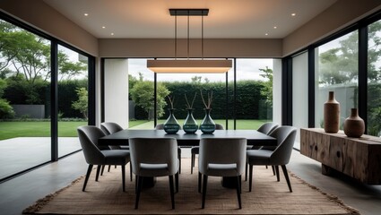Fototapeta premium Chic modern dining area displays a black dining table under a rectangular chandelier, surrounded by gray velvet dining chairs on a sisal rug, with a rustic console table accentuating the space.