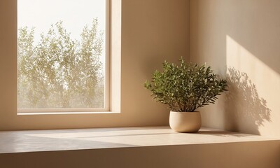 Minimalist Interior with Plant in Pot near Window and Natural Sunlight Casting