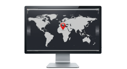 Isolated Computer Screen Displaying World Map with Location Pin
