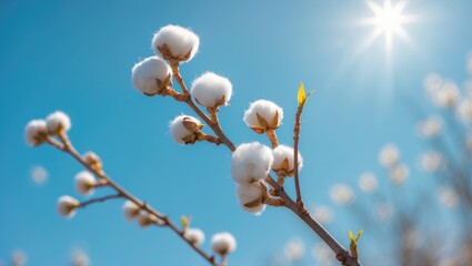 Experience the Gentle Indication of Spring as White Catkins Thrive on Thin Branches Beneath a Blue Sky and Warm Sun