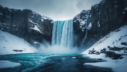 Snow-covered cliffs encircle a frozen waterfall, where icy blue water cascades through the rugged winter landscape