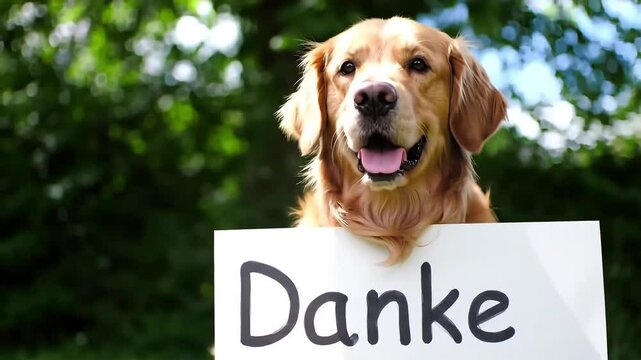 Happy Dog Holding 'Danke' Sign in Sunny Park &ndash; Adorable Canine Gratitude Moment