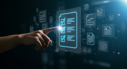 A digital concept image of a human hand pointing toward a glowing virtual checklist icon. The checklist is displayed on a futuristic transparent screen with blue checkmarks.