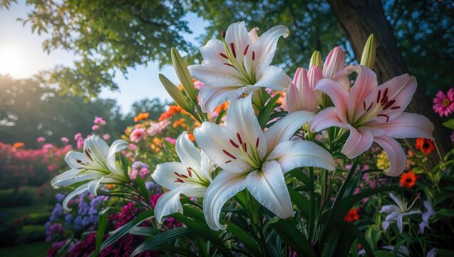 Charming flowers festival showcasing beautiful white and pink lily, Lilium blooms