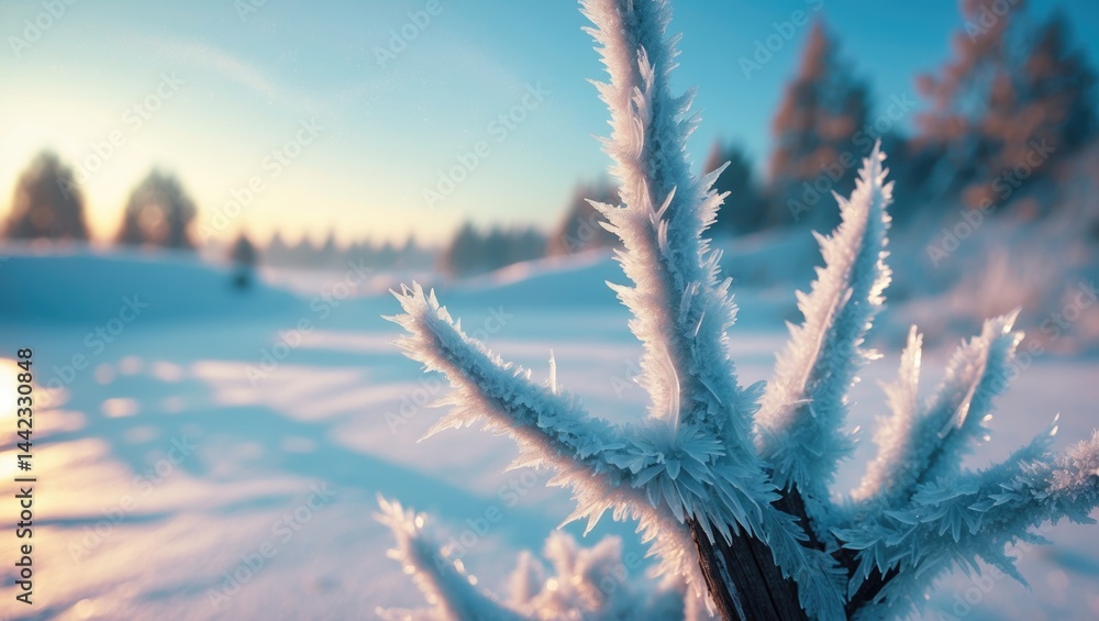 Aufkleber frost-blanketed branches in the foreground with a hazy backdrop of a chilly landscape and leafless t