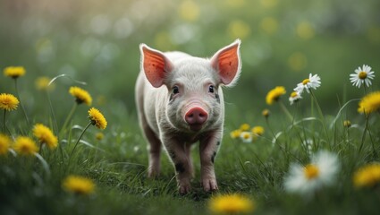 Witty young pig on fresh spring grass